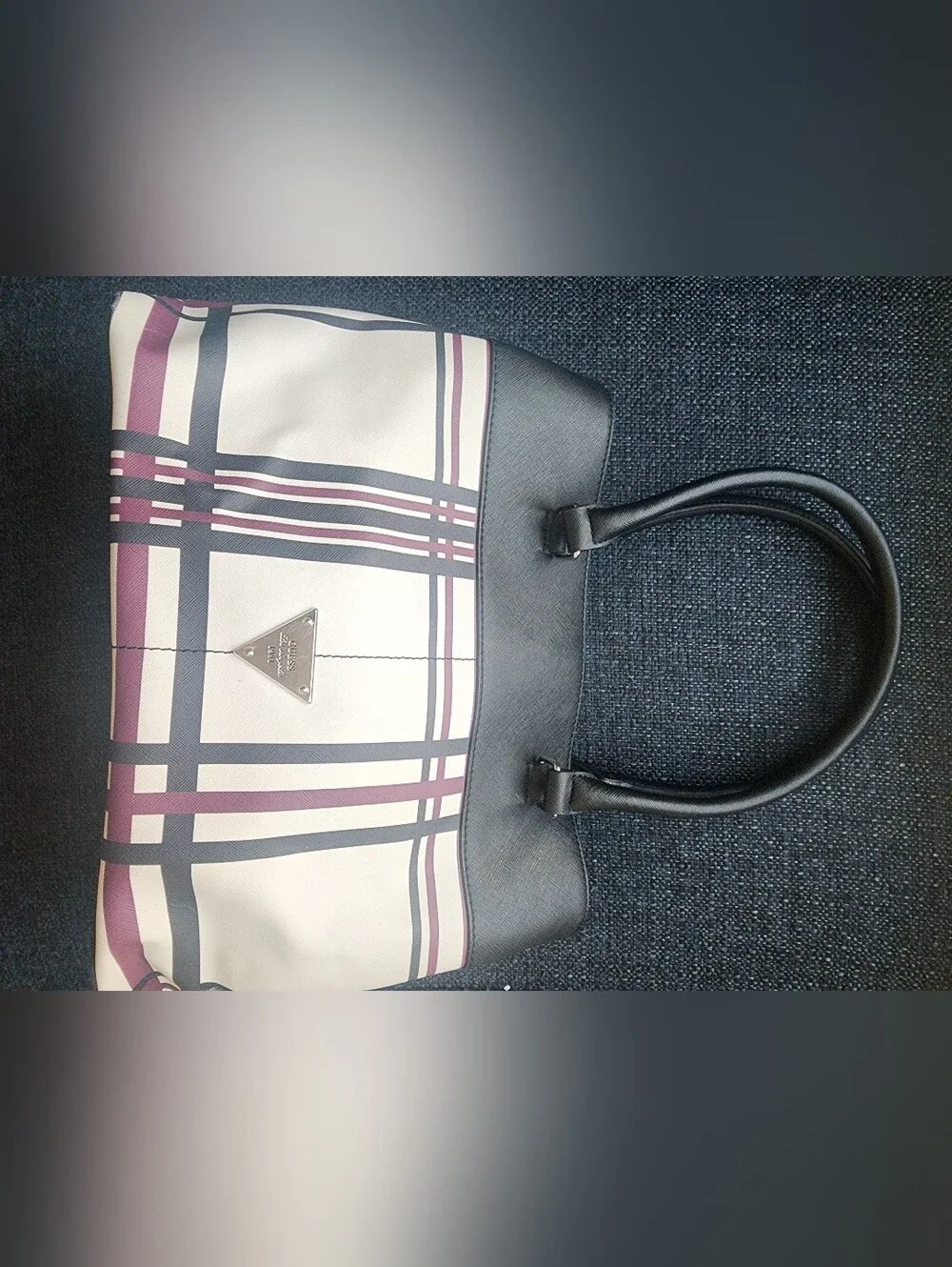 GUESS Plaid Tote Satchel Handbag Black Burgundy Cream Structured FF626407